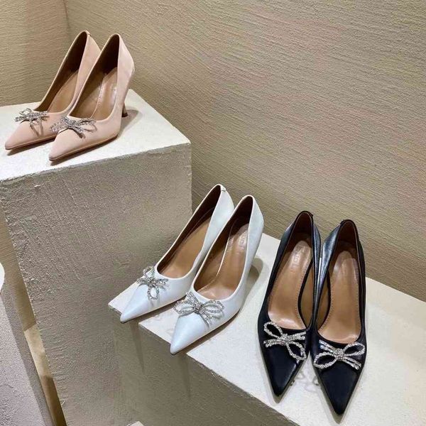 dress shoes elegant pointed toe rhinestone bow design shallow slip on mules solid color party wedding crystal thin high heels 164a, Black